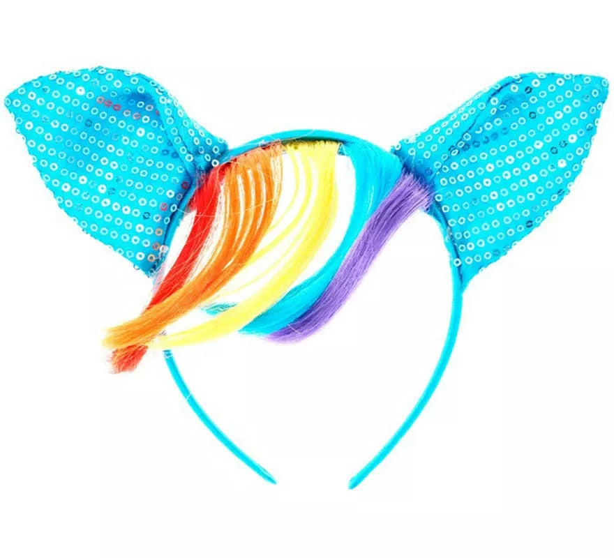 Diadema de Pony azul con lentejuelas y pelo Arcoíris