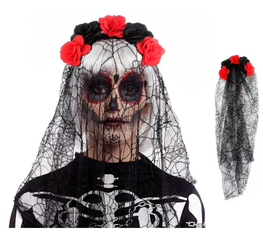 Translation missing: en.Diadema de Rosas Catrina negro y rojo con velo