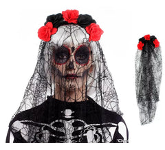 Black and red Catrina rose headband with veil