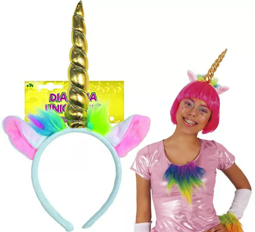 Translation missing: en.Diadema de Unicornio multicolor con Cuerno dorado infantil