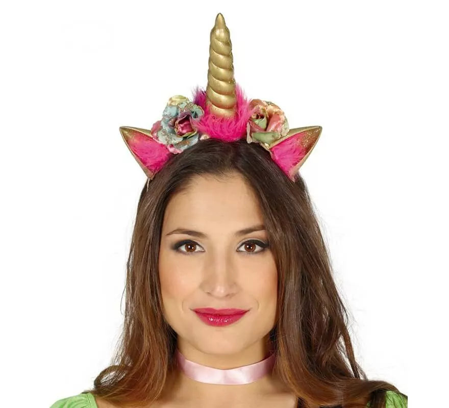 Diadema Deluxe de Unicornio con cuerno dorado