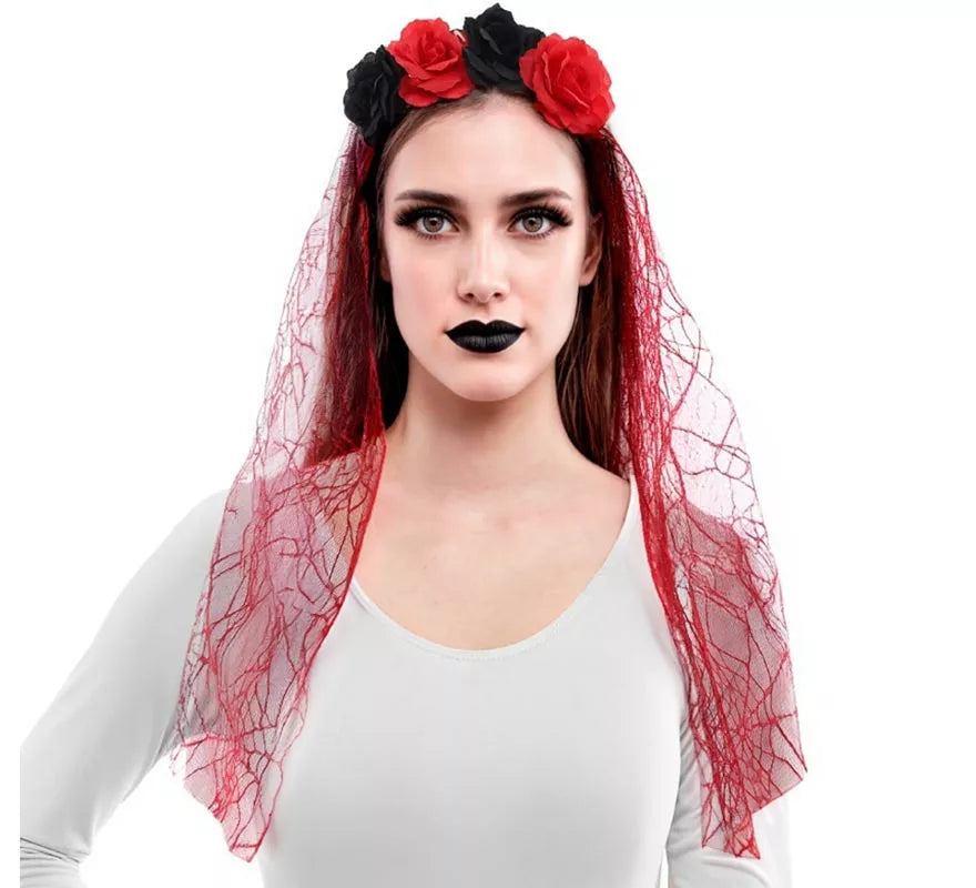 Translation missing: en.Diadema Flores con Velo rojo