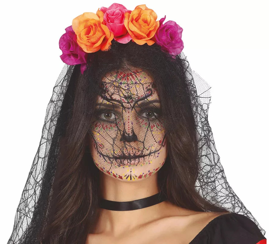 Translation missing: en.Diadema Flores Lila y Naranja con Velo