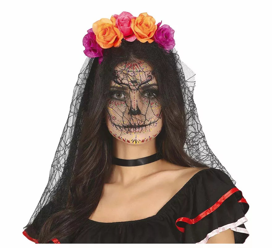 Translation missing: en.Diadema Flores Lila y Naranja con Velo