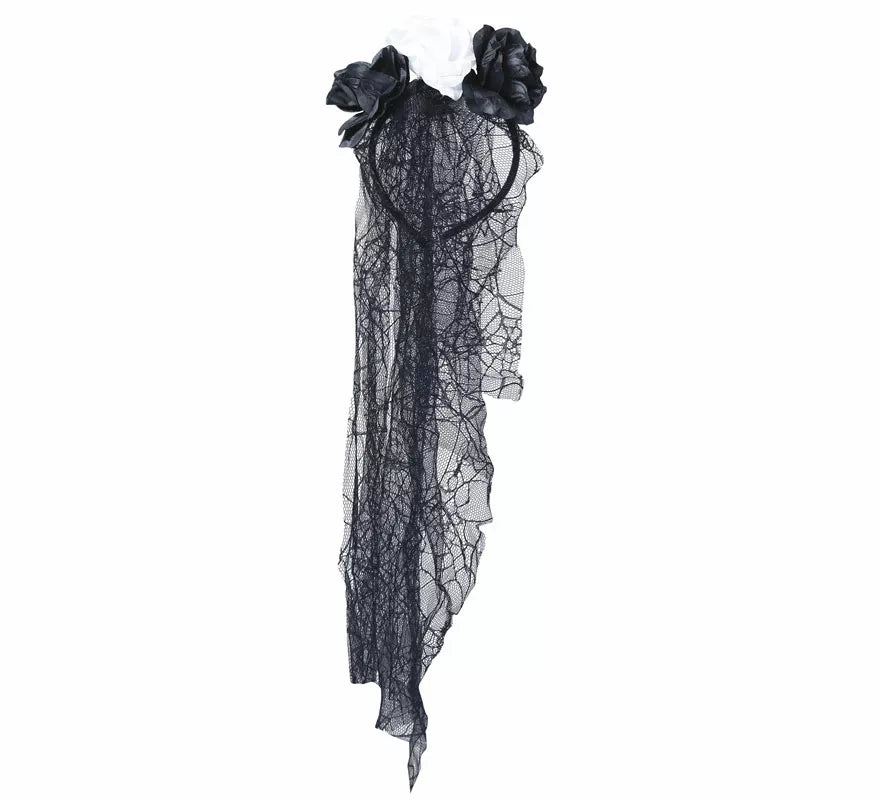 Diadema Flores Negras y Blancas con Velo