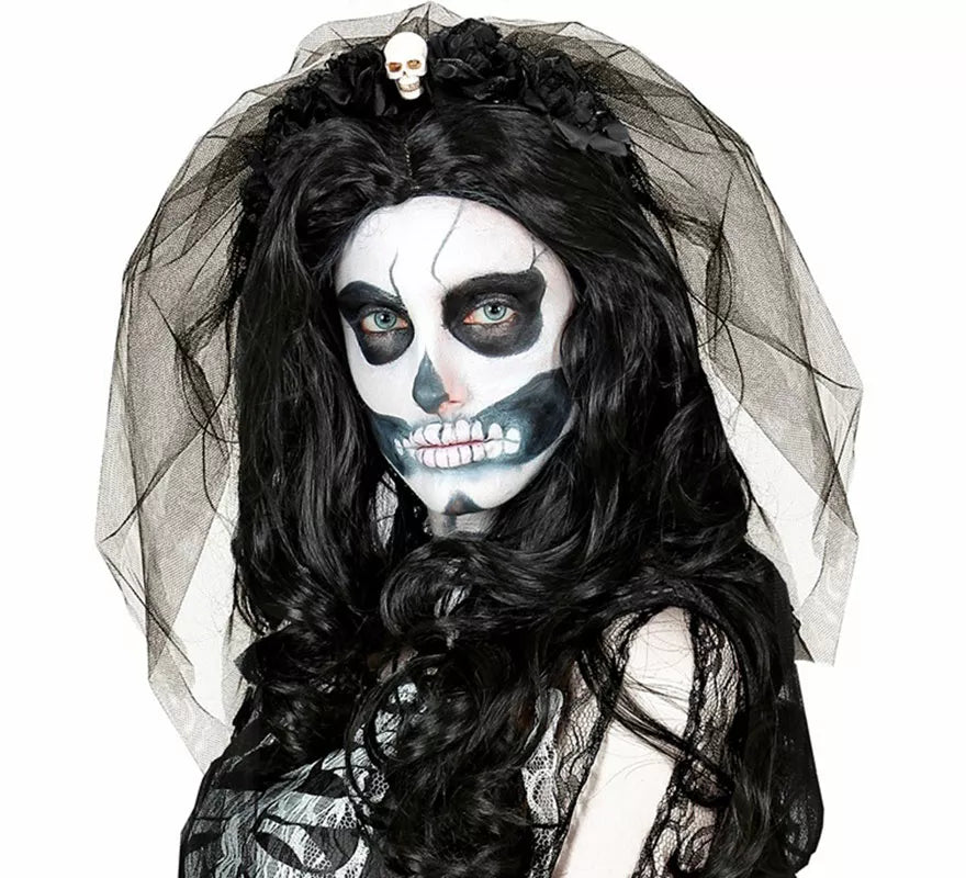 Diadema Gótica con 6 Rosas negras con Calavera y Velo