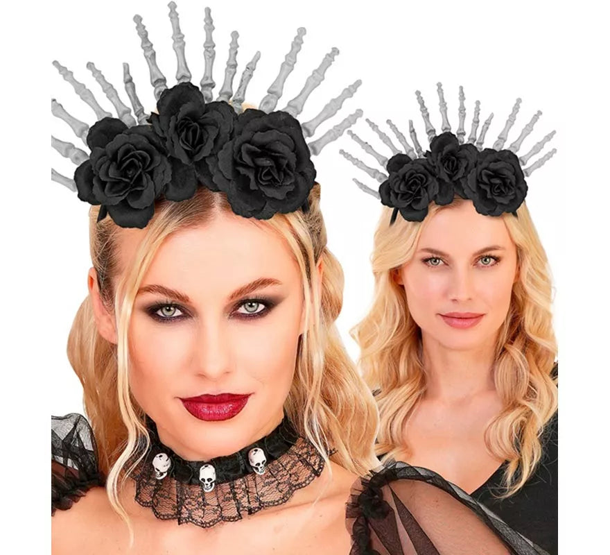 Diadema Manos Esqueleto y Rosas negras