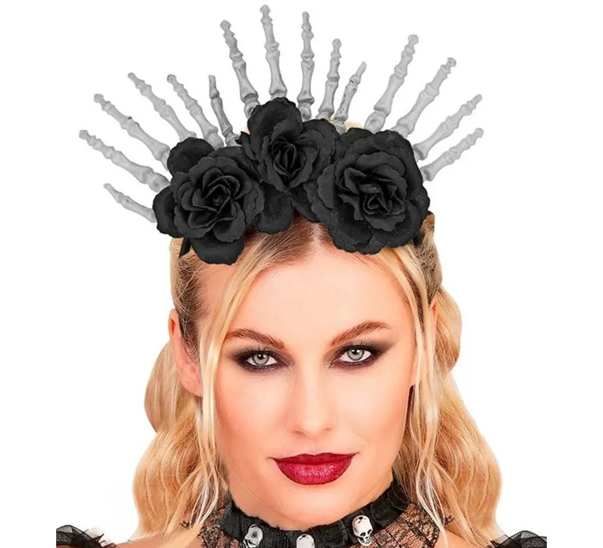 Diadema Manos Esqueleto y Rosas negras