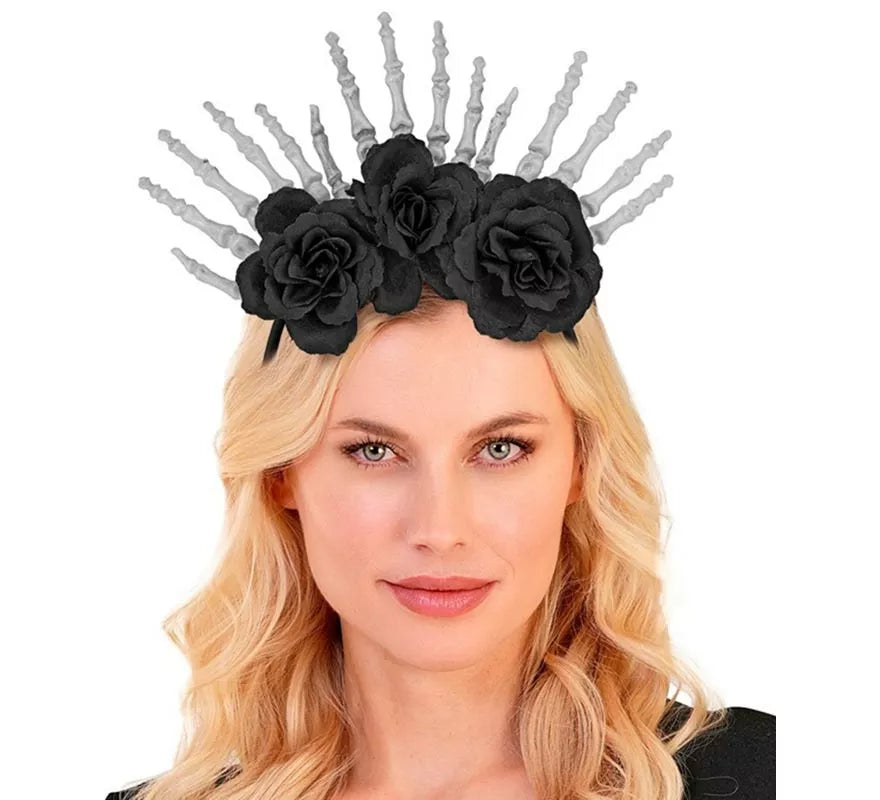 Diadema Manos Esqueleto y Rosas negras