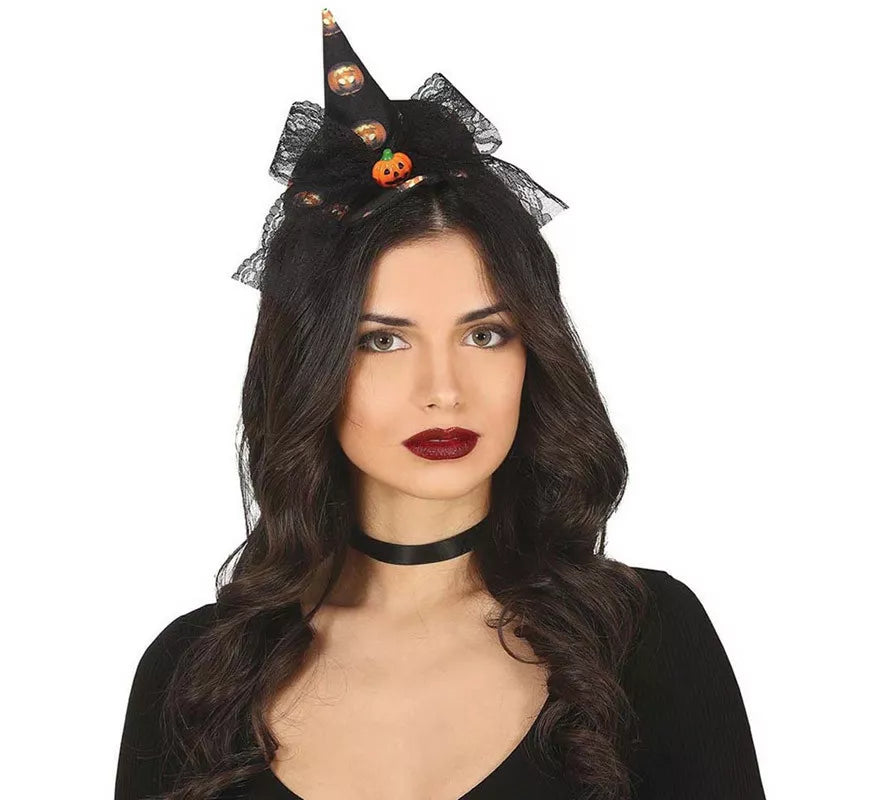 Diadema Mini Sombrero de Bruja Negro con Lazo