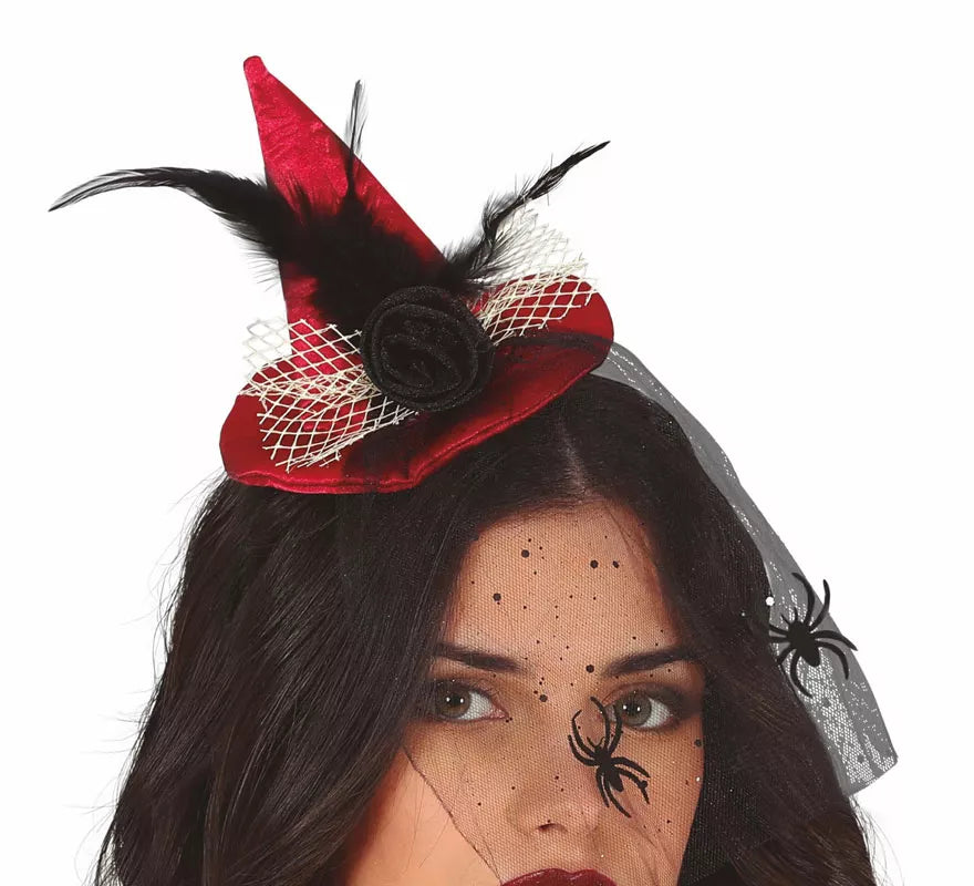 Translation missing: en.Diadema Mini sombrero de Bruja Rojo con Velo