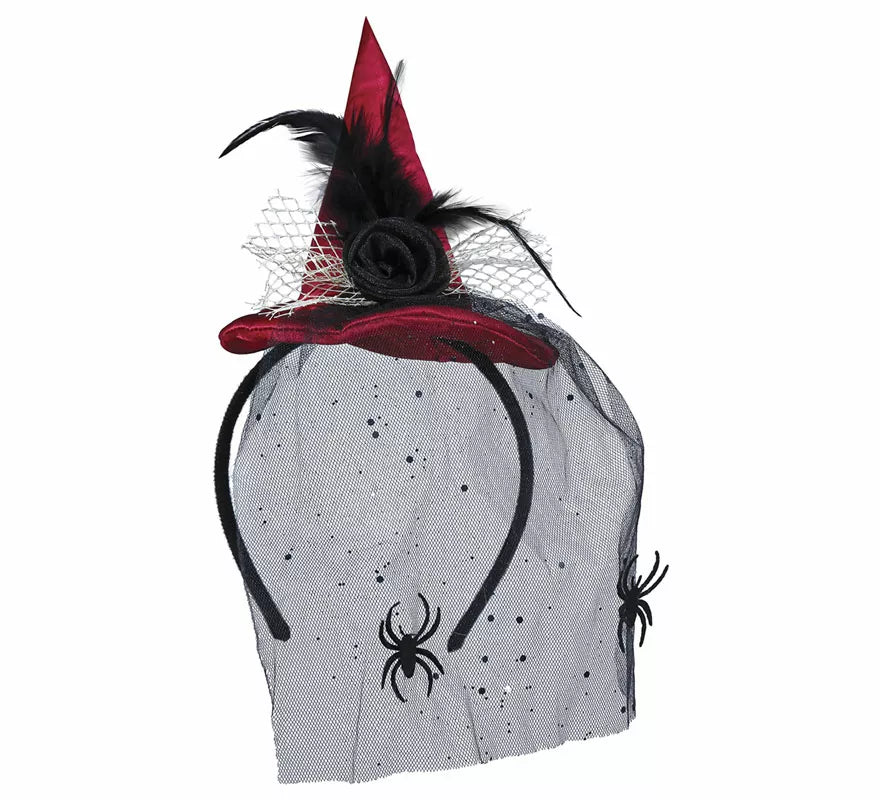 Translation missing: en.Diadema Mini sombrero de Bruja Rojo con Velo