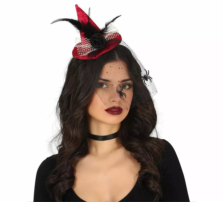 Translation missing: en.Diadema Mini sombrero de Bruja Rojo con Velo