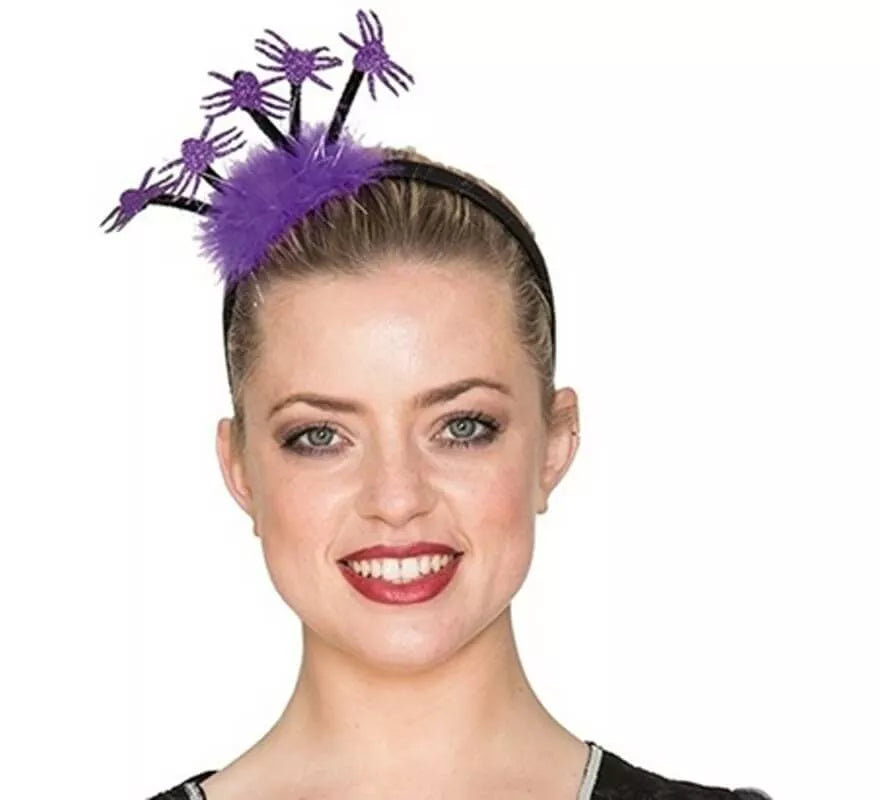 Diadema morada con plumas y arañas 23 cm
