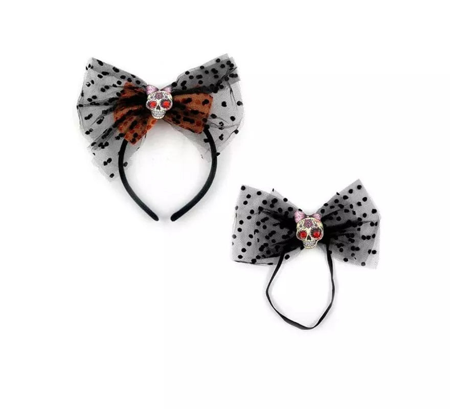 Diadema y Pajarita Calavera con lunares