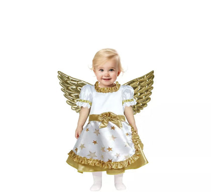 Disfraz de Ángel dorado en vestido blanco para bebé