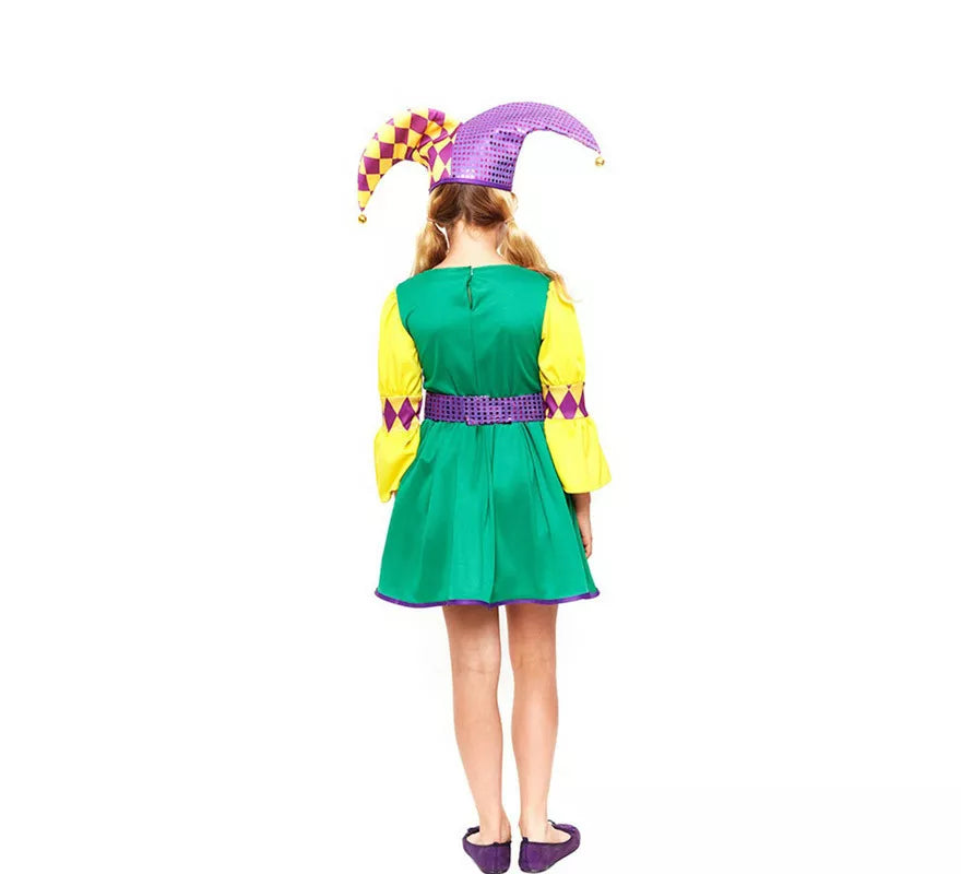Translation missing: en.Disfraz de Arlequín púrpura y verde a cuadros para niña