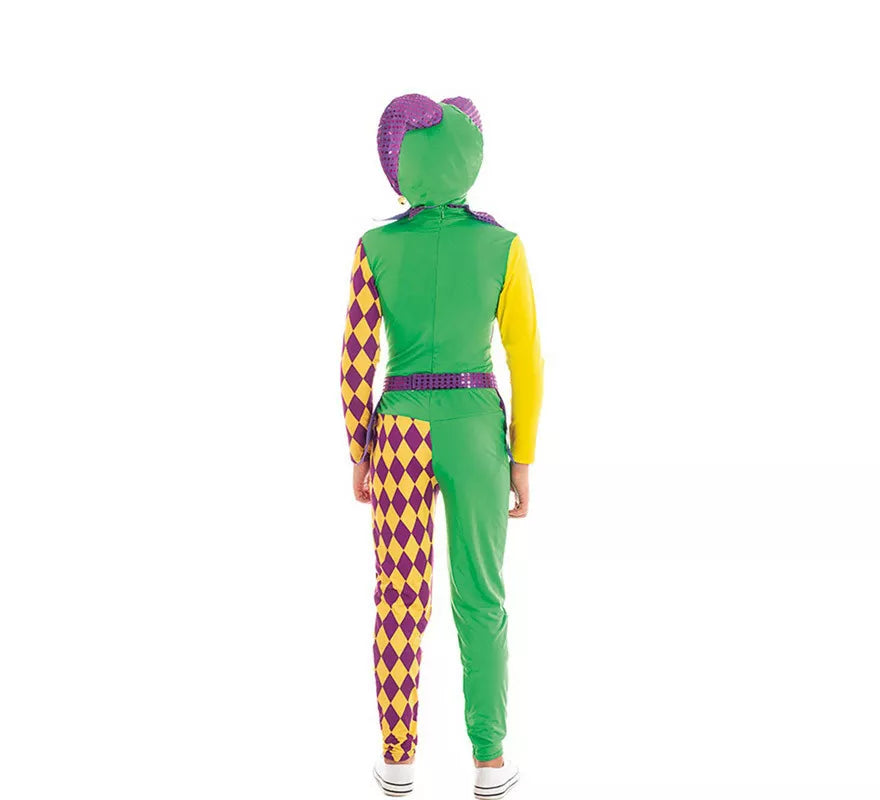 Translation missing: en.Disfraz de Arlequín púrpura y verde a cuadros para niño