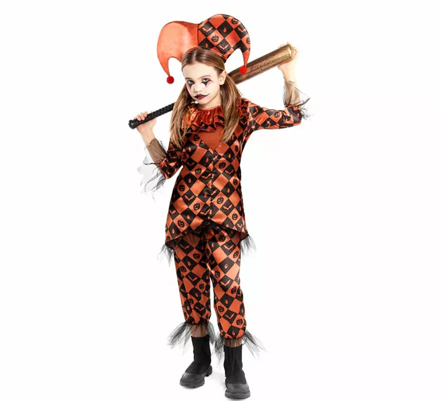 Disfraz de Arlequina Malévola naranja para niña