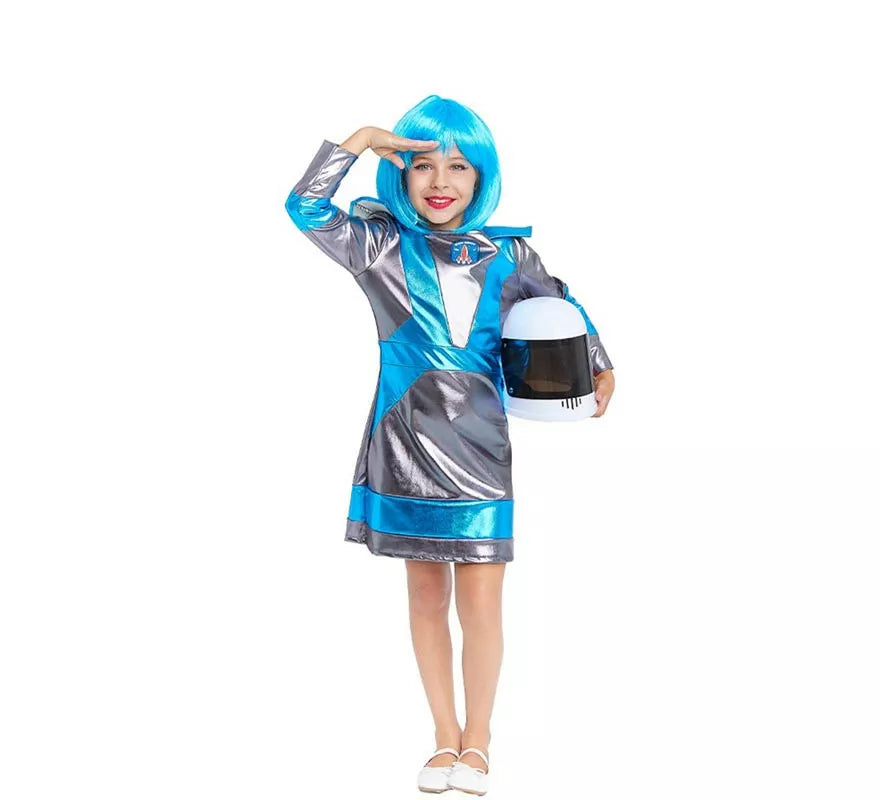 Disfraz de Astronauta plateado oscuro y azul para niña