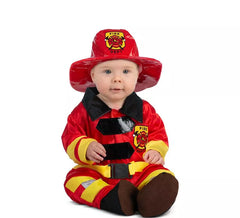 Fato de bombeiro vermelho e amarelo com capacete para bebé