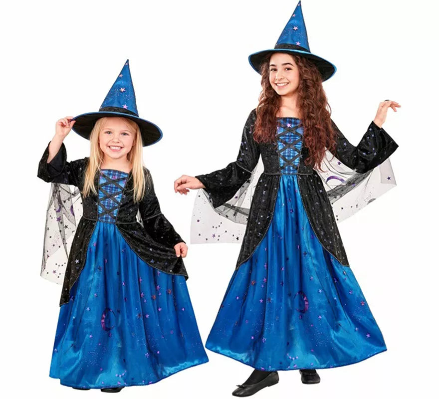Disfraz de Bruja azul con Estrellas para niña