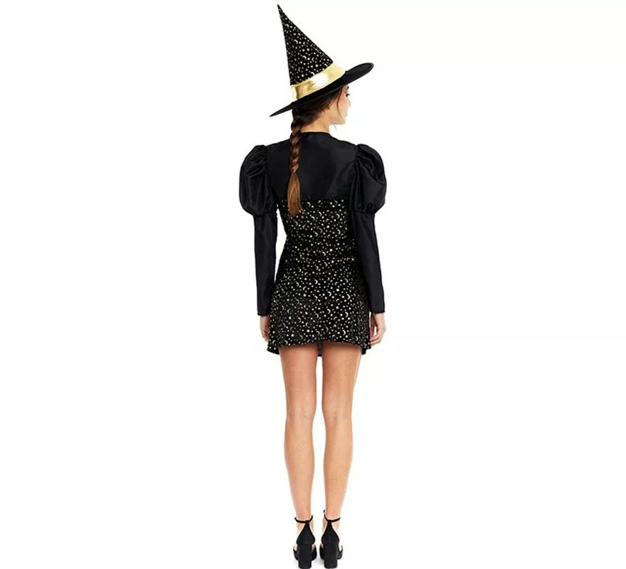 Translation missing: en.Disfraz de Bruja Elegante negro y dorado con lazo para mujer