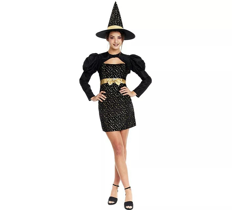 Disfraz de Bruja Elegante negro y dorado con lazo para mujer