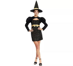 Elegant black and gold witch costume with bow for women