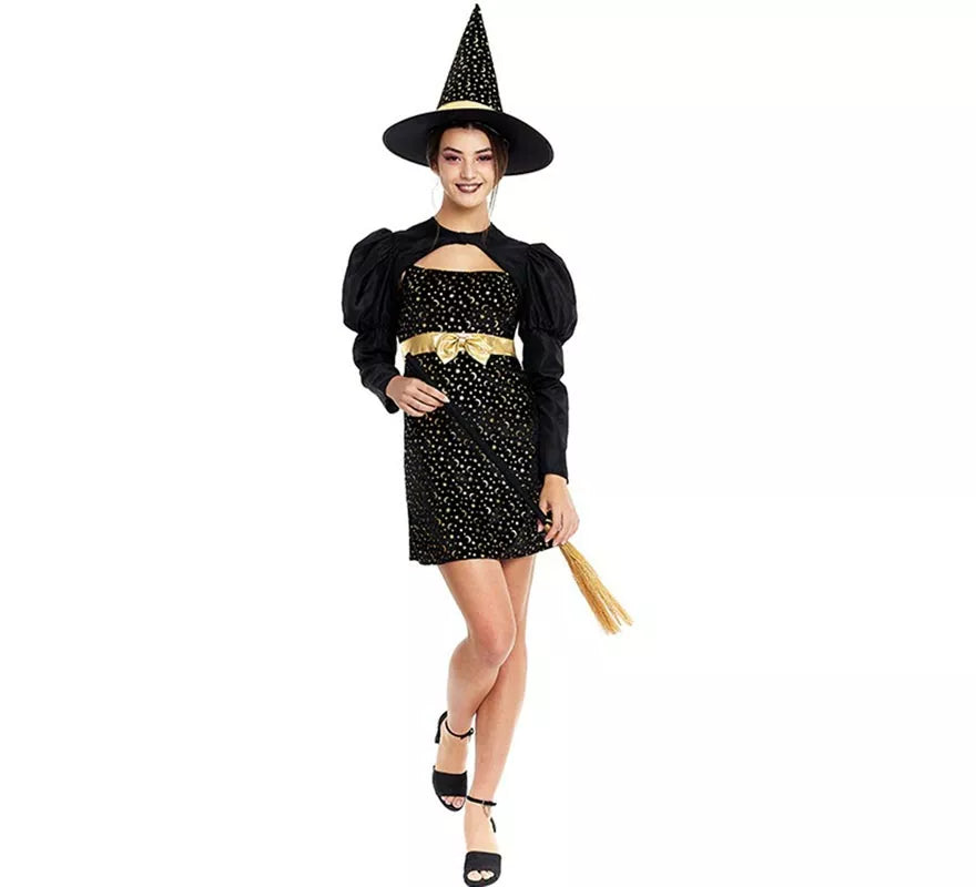 Translation missing: en.Disfraz de Bruja Elegante negro y dorado con lazo para mujer