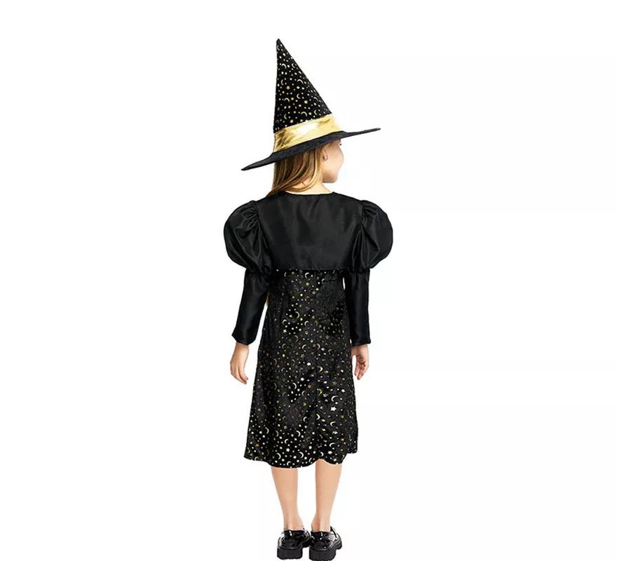 Disfraz de Bruja Elegante negro y dorado con lazo para niña