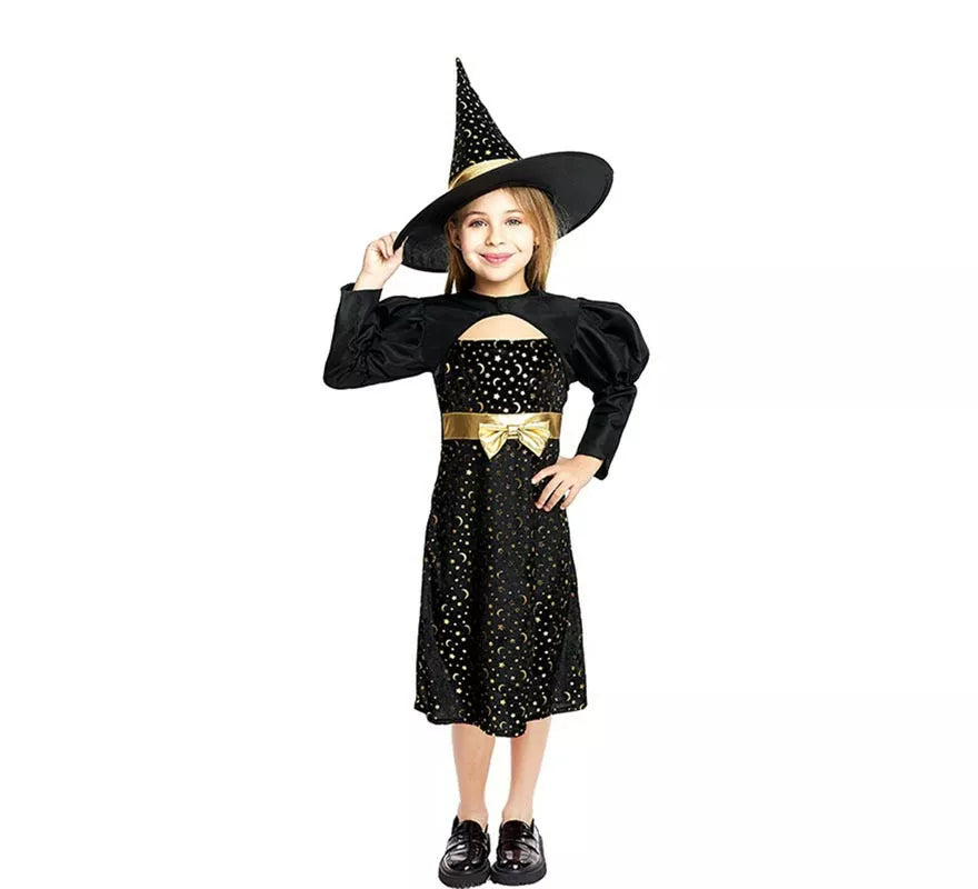 Translation missing: en.Disfraz de Bruja Elegante negro y dorado con lazo para niña