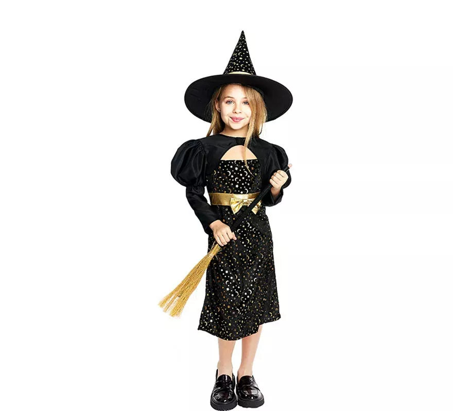 Translation missing: en.Disfraz de Bruja Elegante negro y dorado con lazo para niña