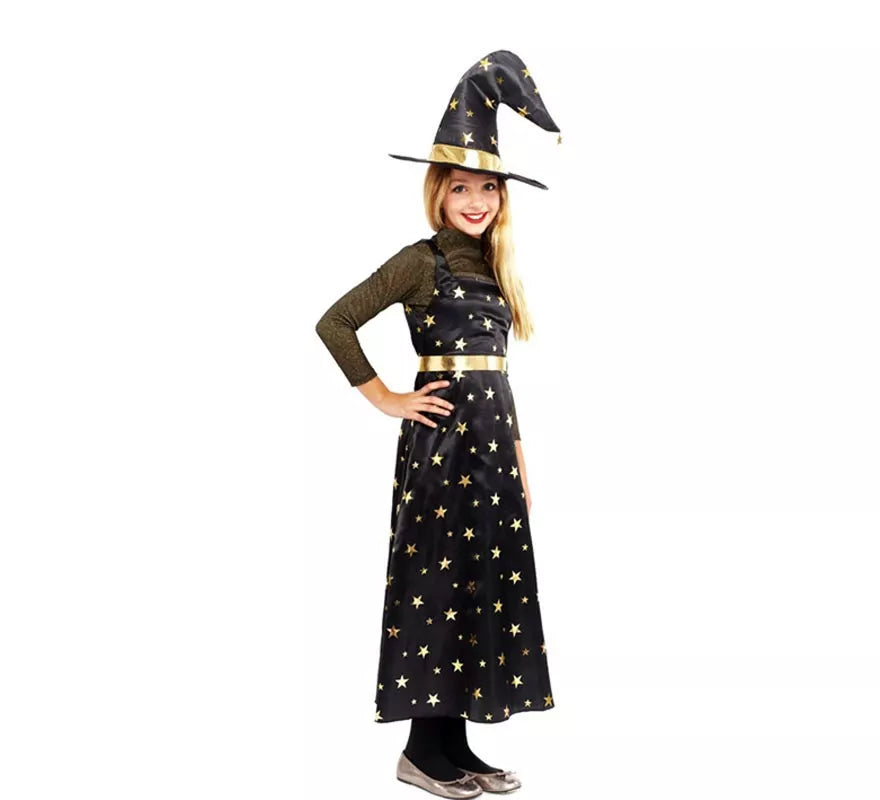 Translation missing: en.Disfraz de Bruja Estrellas dorada con sombrero para niña
