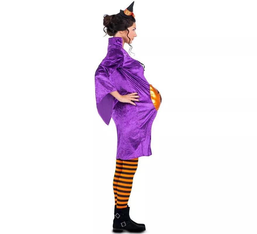 Disfraz de Bruja morada con Calabaza para mujer embarazada