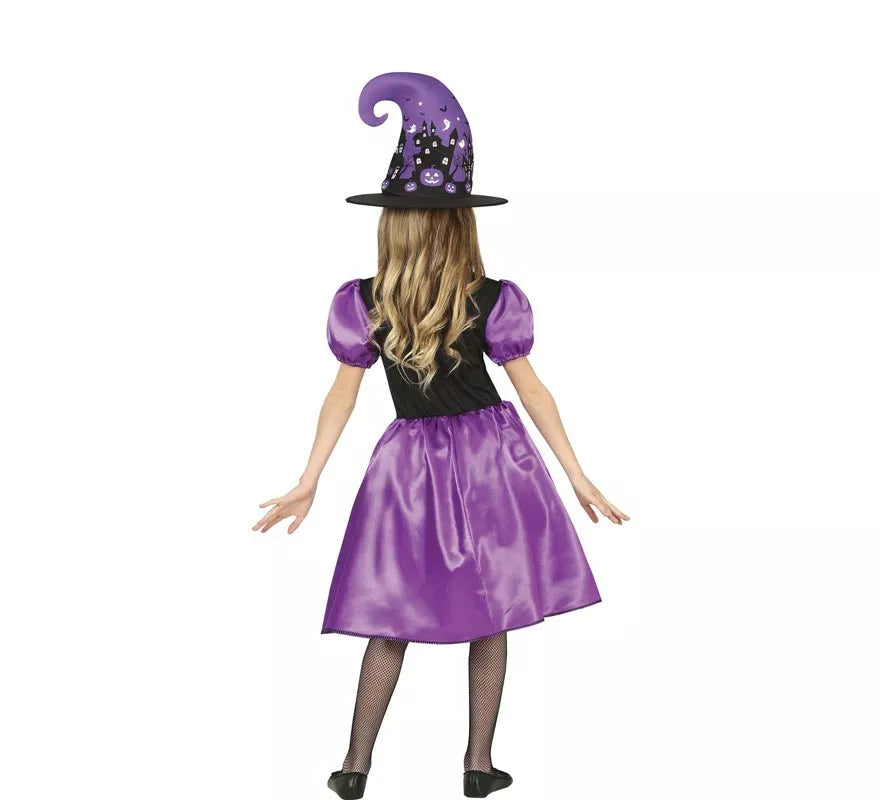 Disfraz de Bruja Morada con vestido estampado para niña