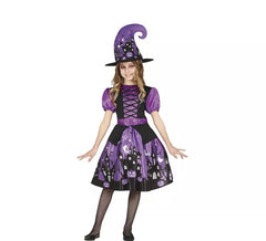 Costume da strega viola con vestito stampato per bambina