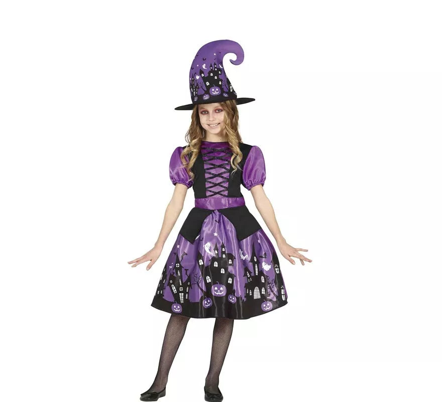 Translation missing: it.Disfraz de Bruja Morada con vestido estampado para niña