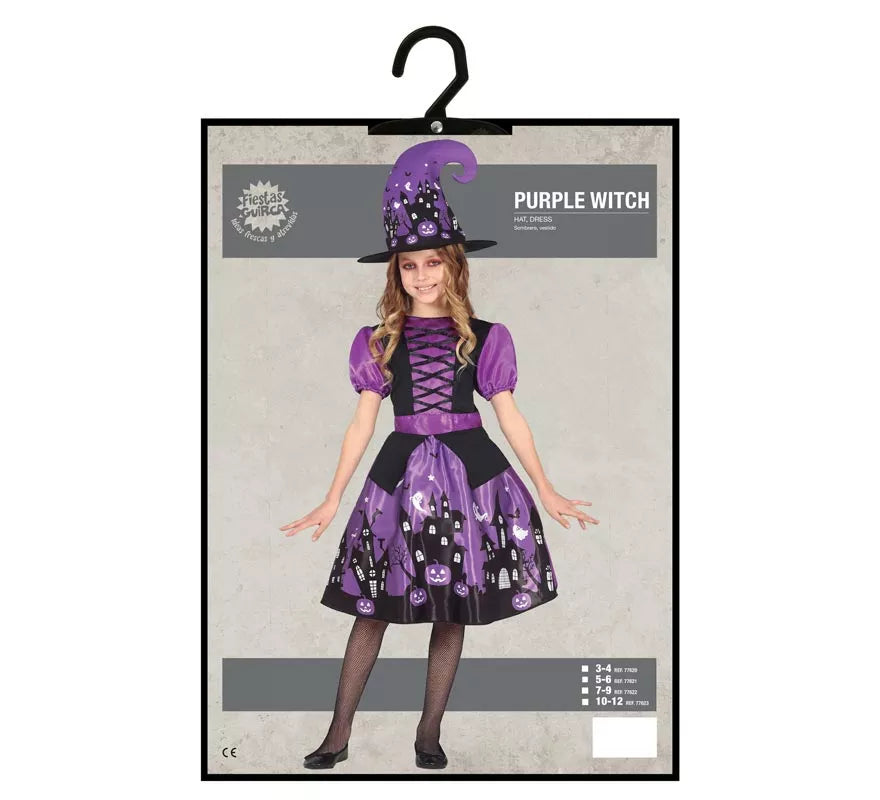 Disfraz de Bruja Morada con vestido estampado para niña