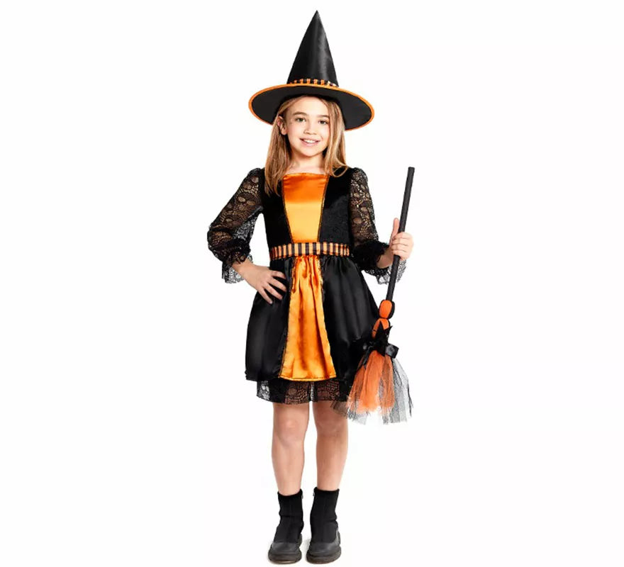 Translation missing: en.Disfraz de Bruja naranja con Encaje para niña