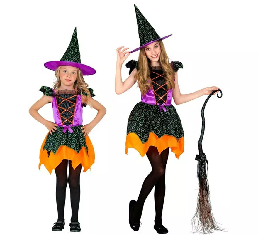 Disfraz de Bruja naranja y lila para niña