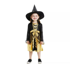 Gold and black witch costume with hat for baby and girl