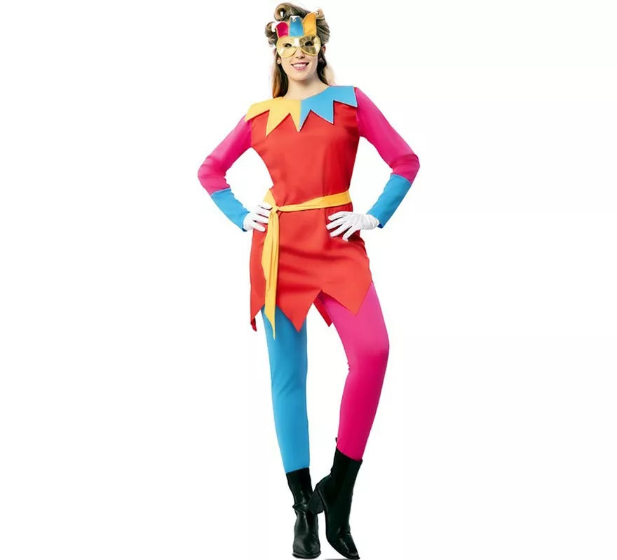 Disfraz de Bufona multicolor con antifaz para mujer