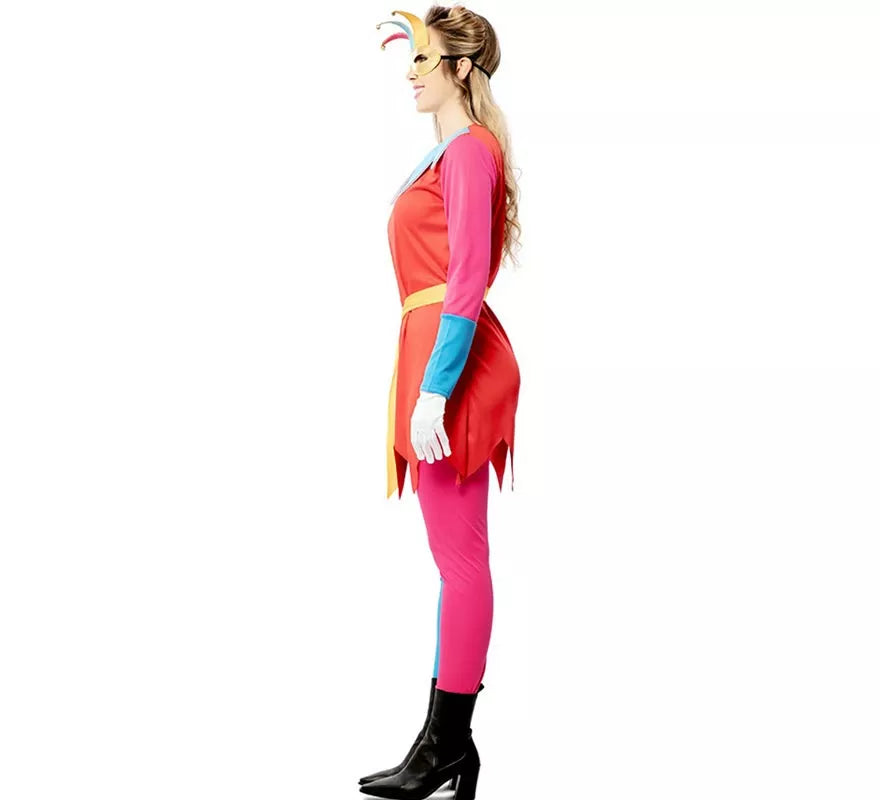 Disfraz de Bufona multicolor con antifaz para mujer