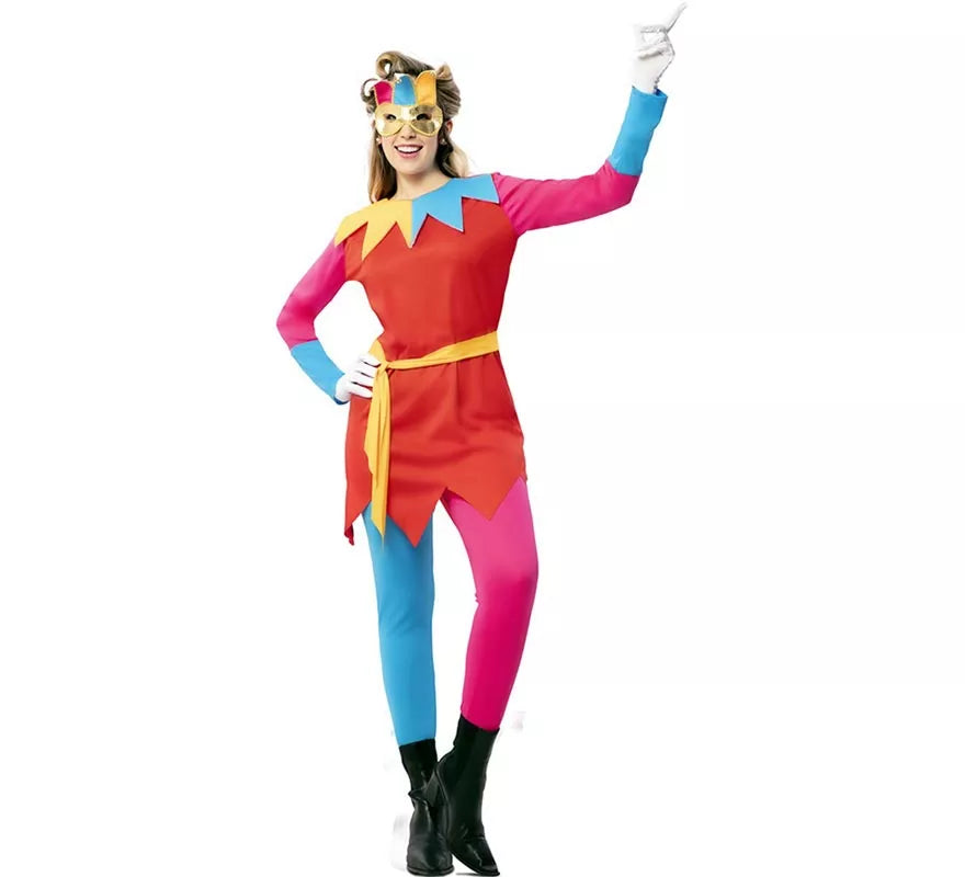 Disfraz de Bufona multicolor con antifaz para mujer