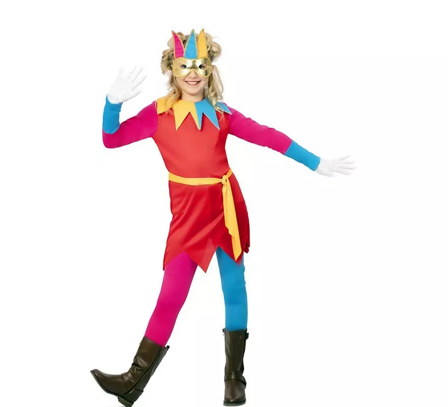 Disfraz de Bufona multicolor con antifaz para niña