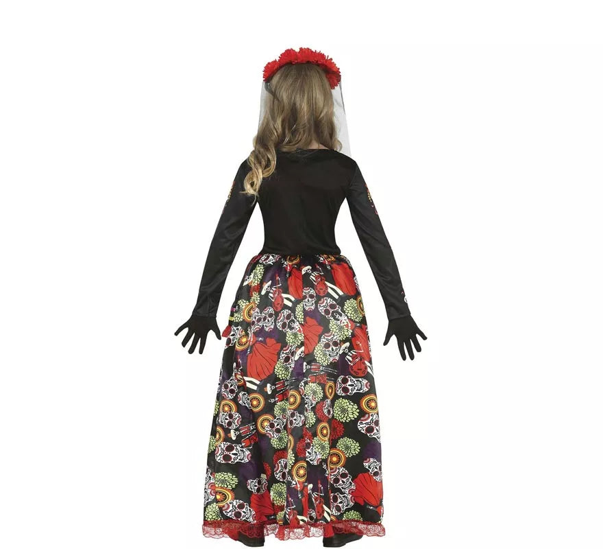 Disfraz de Catrina con falda larga estampada para niña