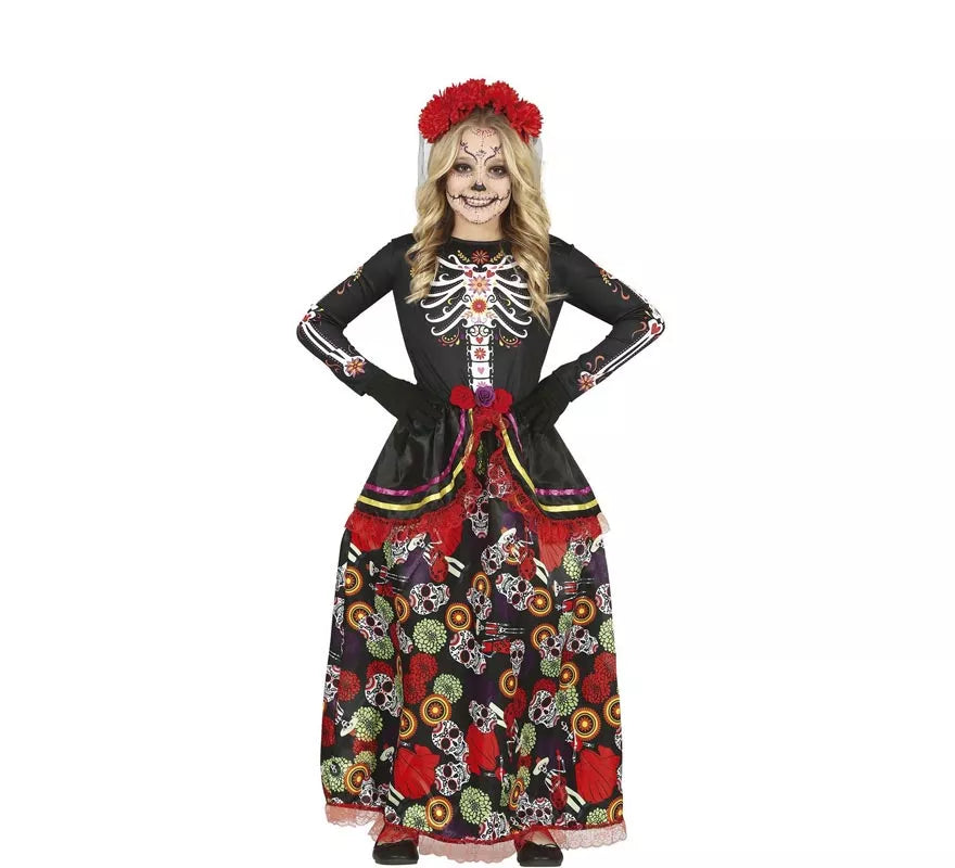 Disfraz de Catrina con falda larga estampada para niña