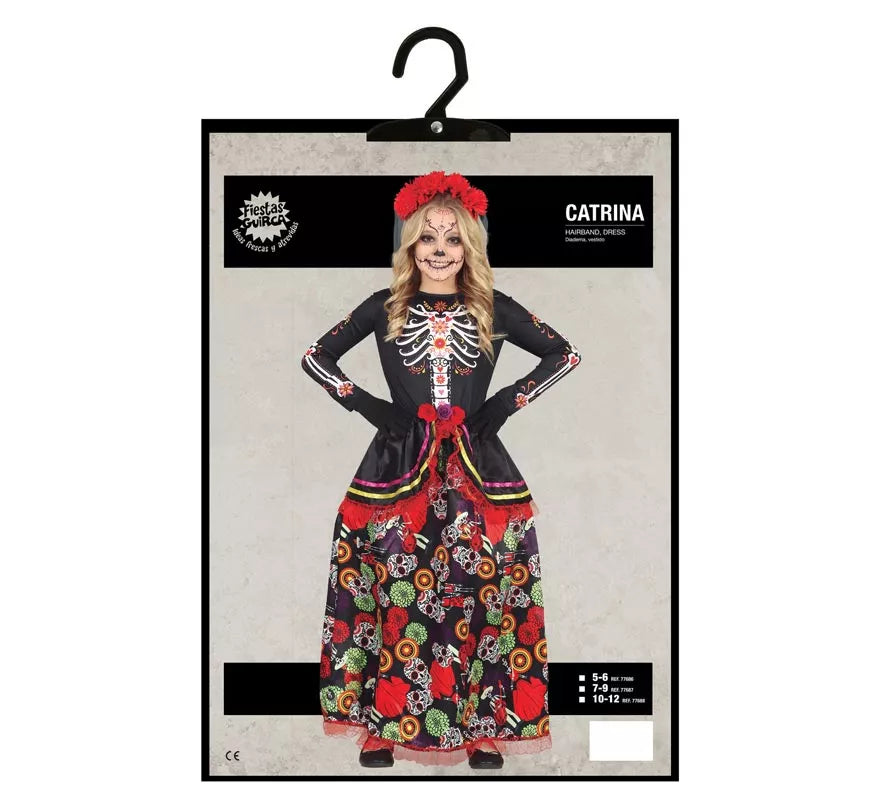 Disfraz de Catrina con falda larga estampada para niña