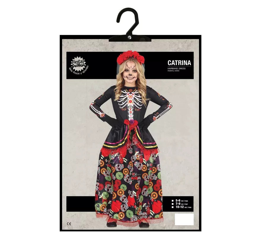Translation missing: en.Disfraz de Catrina con falda larga estampada para niña